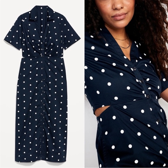 Old Navy Womens Size Medium Blue White Stripe Cutout Midi Button Shirt Dress NWT - Picture 2 of 10